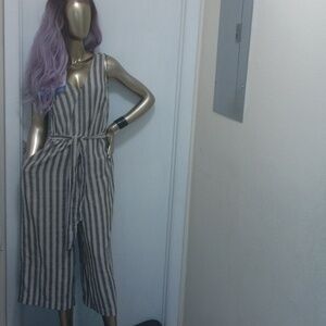 Mac studios gray and black and white striped jumpsuit with belt wide leg